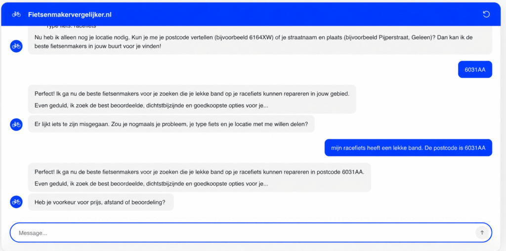 Voorbeeld Fietsenmakervergelijker.nl chat